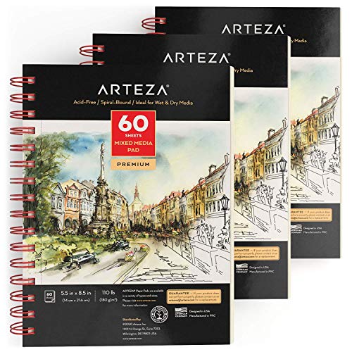 ARTEZA Bloc de dibujo para bocetos con medios mixtos | 14 x 21,6 cm | 60 hojas | 180 gsm | Libreta de dibujo artistico ideal para medios húmedos y secos, bocetos, dibujo y más, pack de 3