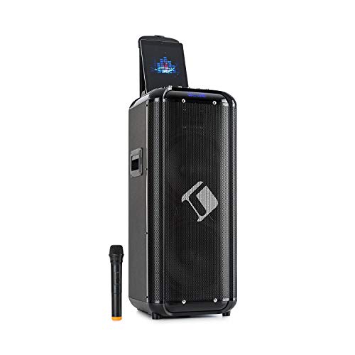 auna Moving 2100 Equipo de PA portátil de 10" - Karaoke, tecnología XMR Bass: 2 x 10 Woofer / 3" Tweeter / Potencia Nominal de 100 W / 300 W MAX., Soporte para Smartphone, micrófono UHF, Negro