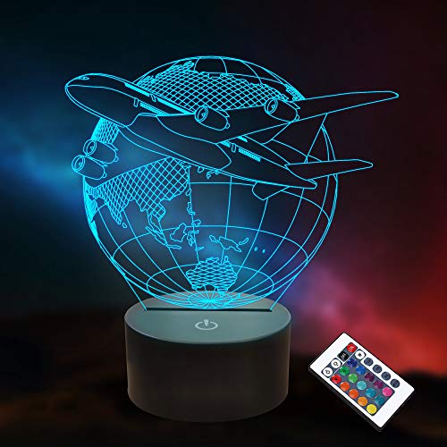 Avión 3D Ilusión Luz de noche LED Tierra Lámpara de mesa 16 colores Regalos de cumpleaños para niños Hombres Piloto Decoración de habitación de oficina