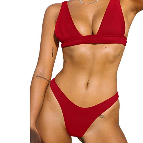 Aztnrwen Traje De Baño Triangular De Corte Alto Para Mujer Conjunto De Bikini De Dos Piezas Traje De Baño Dividido De Cintura Alta Traje De Baño De Playa | rojo