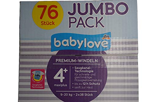 Babylove Pañales premium activos (tamaño 4+ y Maxiplus 9-20 kg) Jumbo Pack 2 x 38 unidades, 76 St
