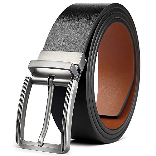 BESTKEE Cinturón de cuero reversible para hombre, cinturones de cuero hombres de 1.3 "de ancho con hebilla giratoria, ideal para jeans, trabajo informal y de negocios (130cm)