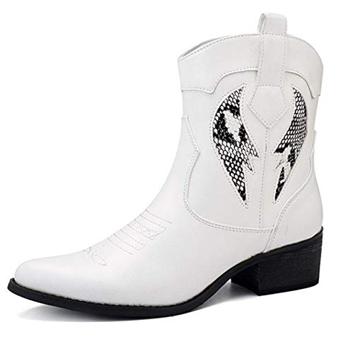 Bewinch - Botas de tobillo para mujer, botas de caballero, estilos privados personalizados, tacón alto, tacón grueso de suela media, zapatos bordados sexy para mujer, casual, blanco, 39