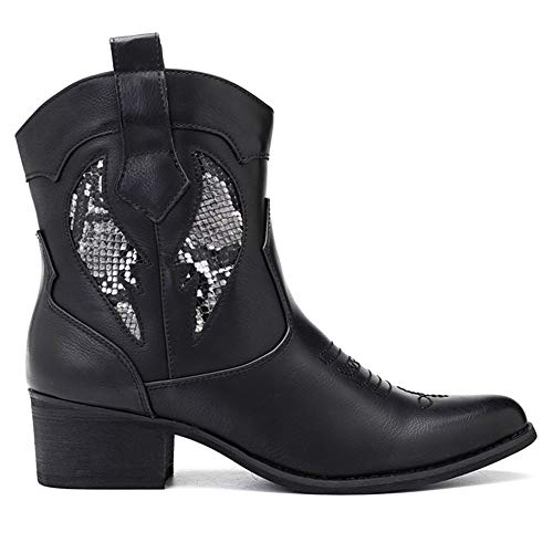 Bewinch - Botas de tobillo para mujer, botas de caballero, estilos privados personalizados, tacón alto, tacón grueso de suela media, zapatos bordados sexy para mujer, casual, negro, 39