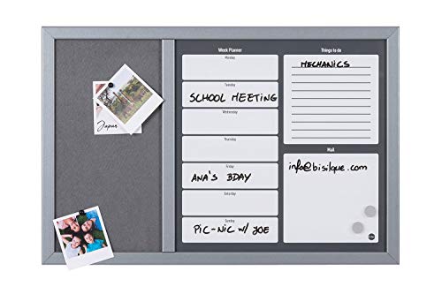 Bi-Office - Organizador Semanal Combinado, 60 x 40 cm, Pizarra de Planificación Semanal Magnetica Blanca y Tablón de Anúncios de Fieltro Gris con Marco MDF Gris