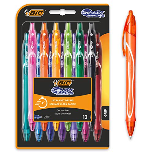 BIC Gel-ocity Quick Dry Bolígrafos de Gel de punta media (0,7mm) - Colores Surtidos, Blíster de 13 Unidades – Bolígrafo retráctil con tinta de secado ultrarrápido
