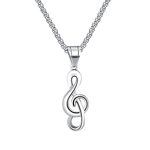 bigshopDE Collar para hombre y mujer, acero inoxidable, plata, nota musical, colgante, 55 cm