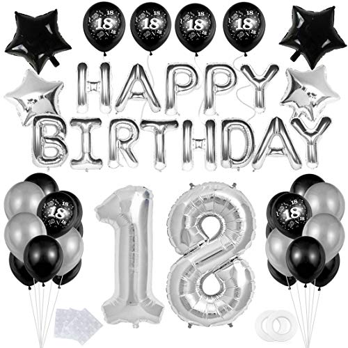 Bluelves 18 Decoración Fiesta Negro Plata Cumpleaños -“Happy Birthday” Bandera Banner;Número 18 Globo;Balloon de Látex&Estrella para el Cumpleaños de 18 Años impresión para Niño Hombres Niña Mujer