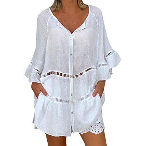 Blusa Hueca de algodón y Lino para Mujer Camiseta Botones con Cuello en V y Tallas Grandes Camisa Suelta Casual Blanco XXXXXL