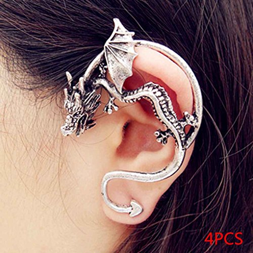 Bobury 4pcs Hombres de Oro de Plata Mujeres Rrtro Gothic Dargon Ear Cuff Clip Wrap Stud Earring