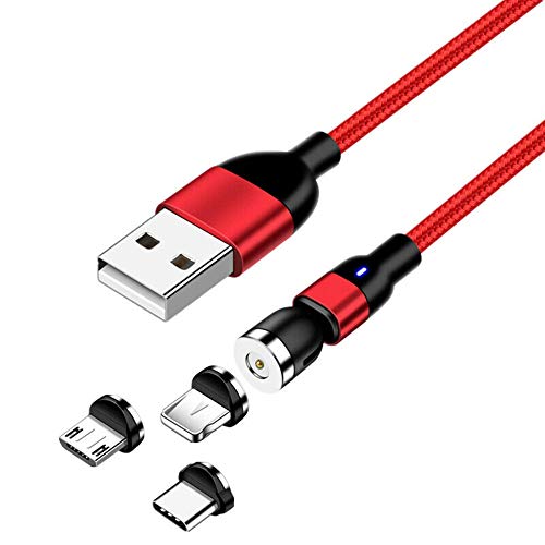 Cable de Carga Magnético Giratorio de 540° Giratorio de 360° + flexión de 180° Cable Cargador 3 en 1 Cable Trenzado de Nailon 2 Metro Compatible con Dispositivos Micro USB/iOS/Tipo C (Rojo)