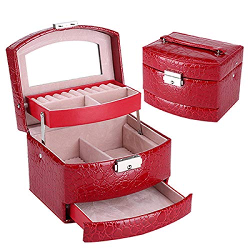 Caja de joyería de cuero de 3 capas de embalaje de cosméticos caja de almacenamiento caja de almacenamiento automática contenedor caja de regalo de las señoras de la cesta de cosméticos rojo