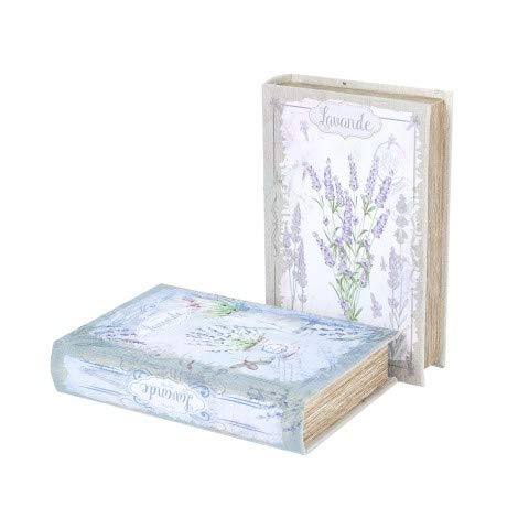 CAPRILO Set de 2 Cajas Libro Decorativas de Madera y Lino Lavanda. Cajas Multiusos. Joyeros. Regalos Originales. Decoración Hogar. 5 x 24 x 16 cm.