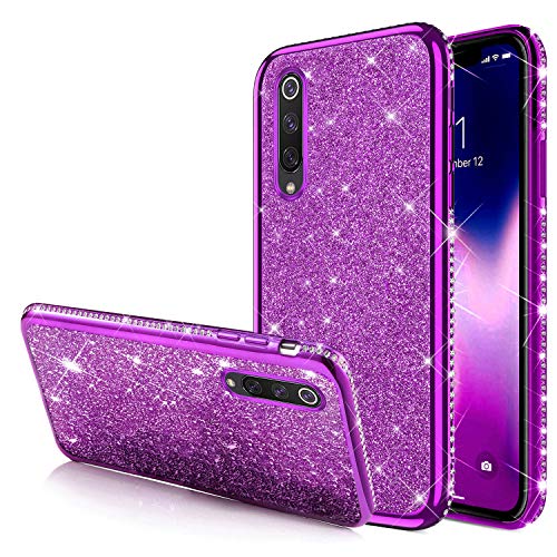 Carcasa Xiaomi Mi 9 – Funda Xiaomi Mi 9 – Ultra fina brillante con brillantes brillantes de estrás, silicona gel TPU marco cromado – Carcasa para Xiaomi Mi 9 – Color morado