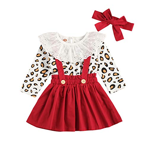Carolilly Conjunto de 3 piezas para niña con estampado de leopardo de payaso de manga larga de encaje + vestido de niña de princesa + diadema para bebé de Navidad fiesta ceremonia rojo 6-12 Meses