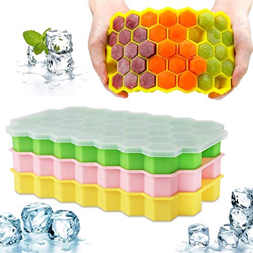 CompraFun Bandeja de Hielo de Silicona, Bandeja de Hielo de Panal de Silicona de 37 Celdas con Tapa, se Puede Utilizar para Bebidas Heladas, Cócteles y Whisky, Juego de Tres Piezas