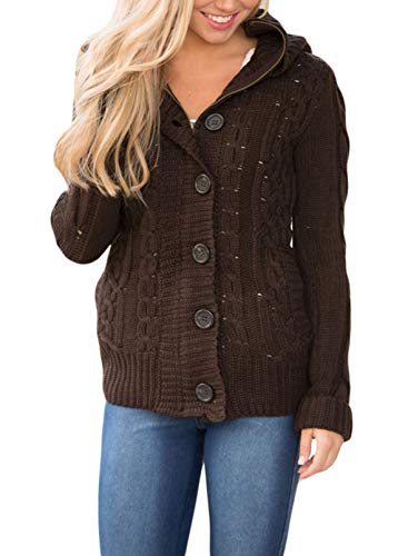CORAFRITZ Cárdigan de punto de cable con botones para mujer, de forro polar con capucha, con cremallera, abrigos de color sólido con bolsillos CORAFRITZ Cárdigan de punto de cable con botones para mujer, de forro polar con capucha, con cremallera, abrigos de color sólido con bolsillos