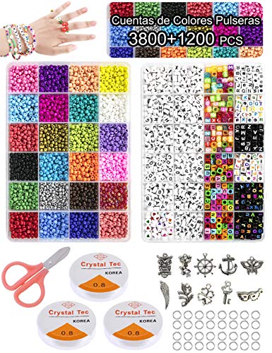 Cuentas de Colores para Hacer Collares Pulseras,3mm 3800pc Cuentas de Colores Mini Cuentas y 6mm 1200pc Abalorios Letras con 24 Colores Kit Bisutería para Regalo DIY 5000 Piezas(Colourful)