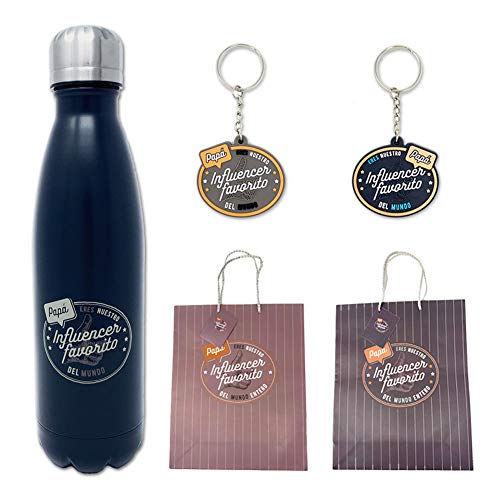 D'CASA Set de Regalo para Papá con Mensaje Papá Eres Nuestro Influencer Favorito del Mundo Entero- Botella Acero Inoxidable, Llavero y Bolsa de Regalo (Negro)