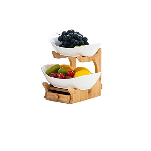 Dniu Frutero de dos capas para aperitivos, soporte de frutas, cesta decorativa de almacenamiento con cajón para cubiertos de cerámica y madera de bambú para el salón en la cocina (color blanco)