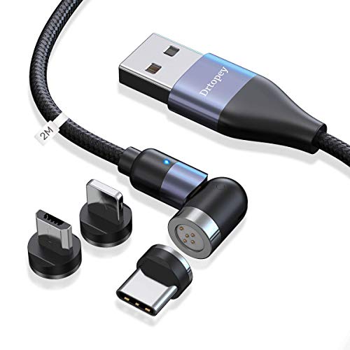 Drtopey Cable de carga magnético 3 en 1, cable USB 3 A con luz LED, micro USB tipo C, compatible con smartphone y producto i-(negro, 2 m) Gen 3