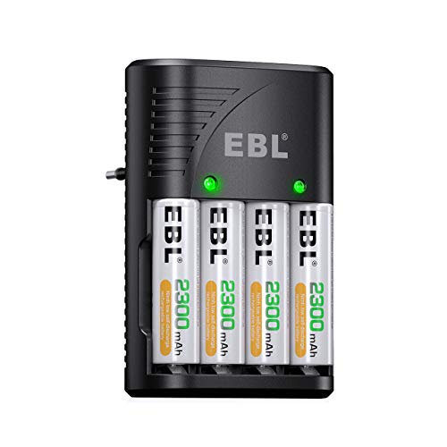 EBL Cargador Plug con Pilas Recargables 4 X AA 2300mAh Ni-MH, Cargador Rápido de Pilas para AA AAA 9V Ni-MH, Indicadora LED, AC 100-240 V