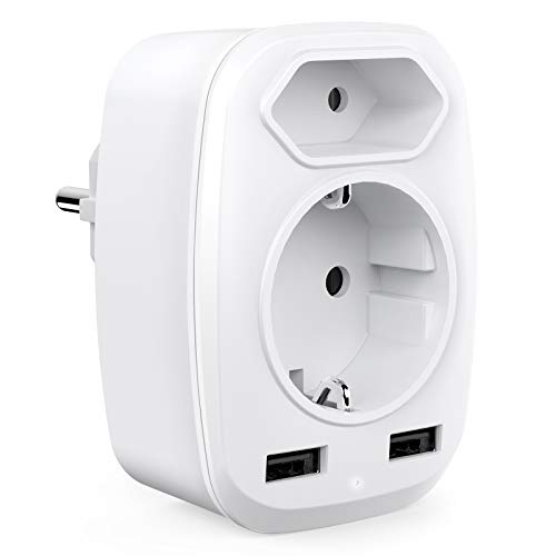 Enchufe USB 4 en 1, Maxcio Enchufes con 1 Toma Schuko + 1 Enchufe EU + 2 Puertos USB, Ladron Enchufes Compatible con Móvil y Tableta, Enchufe Pared para Casa, Oficina, Viaje [3840W / Blanco]