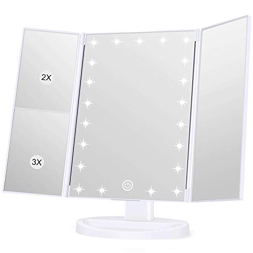 Espejo de Maquillaje con 21 Luces LED, Mesa Triple Espejo de tocador Espejo de Aumento 1X / 2X / 3X / 10X Rotación de 180 ° Pantalla táctil Fuente de alimentación Dual Espejo cosmético Blanco