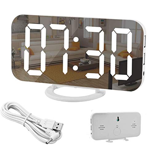 Espejo Reloj Despertador, Reloj Despertador Digital, Pantalla LED Grande de con Modo de atenuación, Brillo Ajustable, 2 Puertos de Carga USB Botón Snooze Grande para la Dormitorio-Blanco