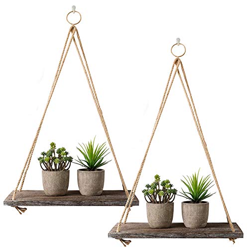 Estantería rústica con 2 unidades de estantes flotantes de madera con cuerda para colgar estantes flotantes rústicos de madera envejecida para colgar en la pared de madera,cuerda flotante con ganchos Estantería rústica con 2 unidades de estantes flotantes de madera con cuerda para colgar estantes flotantes rústicos de madera envejecida para colgar en la pared de madera,cuerda flotante con ganchos