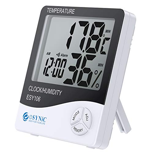 eSYNIC Digital Medidor Termómetro Higrómetro LCD con Reloj de Alarma Monitor de Humedad de Temperatura Interior para el Familia Oficina