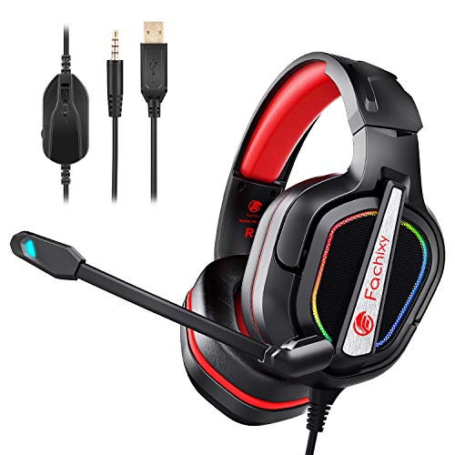 Fachixy Auriculares Gaming PS4 con Micrófono Flexible para PS5,Xbox One,PC,Switch,Laptop, Cascos Gaming RGB con Premium Stereo, Sonido Envolvente y Cancelación de Ruido con 3.5mm Jack (rojo)