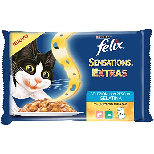 Felix Sensations Extras - Gato con salmón y un Pizca de Queso y atún y un Toque de Queso, 4 x 100 g – Paquete de 10 Unidades