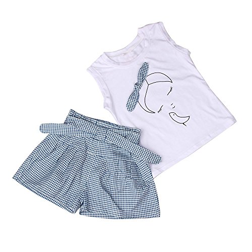 Fossen Ropa Niña Verano 2019-2 3 4 5 6 7 años - Color sólido Camiseta sin Mangas con Patrón + Pantalones Cortos a Cuadros - Moderna Conjunto de Dos Piezas (3-4 años, Azul)