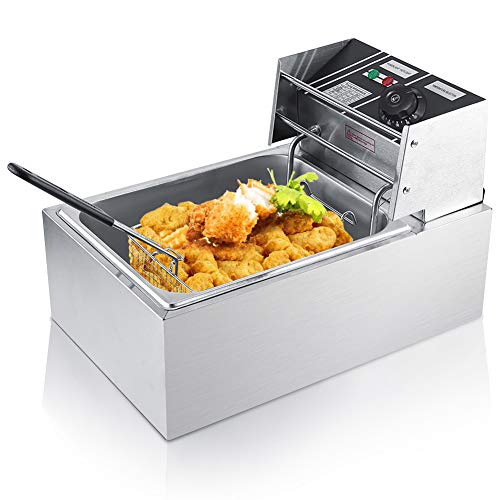 Freidora de Aceite 6L, Freidora Eléctrica de Acero Inoxidable Freidora Comercial con Cesta Freidora Mango Anti-Quemaduras, para Casa Catering Papas Fritas Pollo Frito 2200W 44 x 28.5 x 28cm