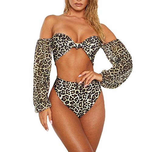 Frolada Traje De Baño De Bikini Con Hombros Descubiertos Para Mujer Conjunto De Bikini Primavera Verano 2 Piezas Sujetador Acolchado Con Nudo De Leopardo Traje De Baño De Manga Larga Leopardo S