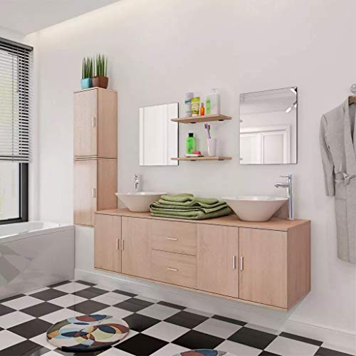 GOTOTOP - Juego de muebles de baño y lavabo, 9 piezas, color beige, 1 armario de pared con lavabo + 2 armarios de pared + 2 espejos + 2 estantes + 2 lavabos de cerámica