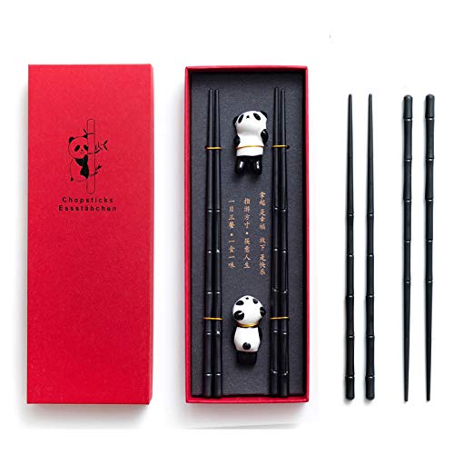 HauSun Panda - Juego de palillos de cerámica con forma de bambú, reutilizables, estilo chino, color negro y elegante, estilo clásico, en caja de regalo (2 pares)
