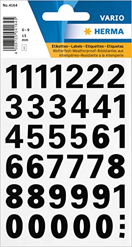 HERMA 4164 - Pegatinas con números del 0 al 9, resistentes a la intemperie (tamaño de letra 15 mm, 1 hoja, adhesivas, 39 etiquetas), color transparente y negro