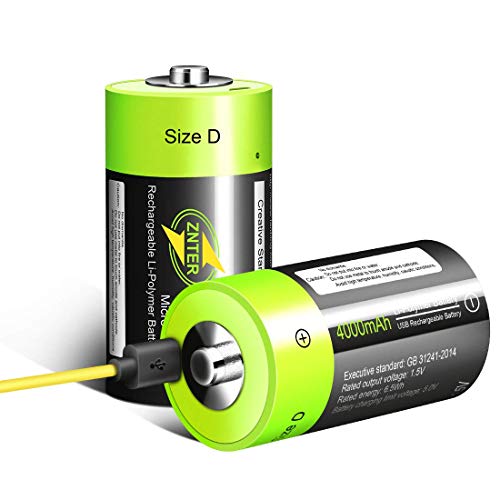 HITRENDS Pilas Celda D - Baterías Recargables USB de Litio D Baterías - 1.5V / 4000mAh (Paquete de 2) - No Son Baterías NI-MH/NI-CD/Alcalinas - Ecológico y Reciclable - Sin Efecto Memoria