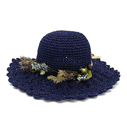 HNNH-Hat - Sombrero de Ganchillo Hecho a Mano para Verano, Sombrero de Sol, Sombrero para Mujer al Aire Libre, con diseño de Flor, Hueco y Transpirable, con cúpula Plegable Azul Azul Marino 56-58 cm