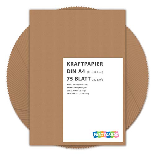 Hojas de papel de estraza cartón kraft 280 gr/m2 Natural en alta calidad, ideal para manualidades y DIY marrón gitano tarjetas boda invitación (75 Hojas, DIN A4)