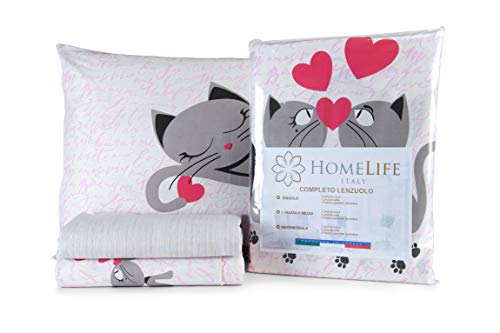 HomeLife Juego de sábanas de algodón con gatitos | Con fundas para almohada | Sábana encimera de 250x300, sábana bajera de 180x200, 2 fundas de 52x82 – Rosa, cama de 180cm