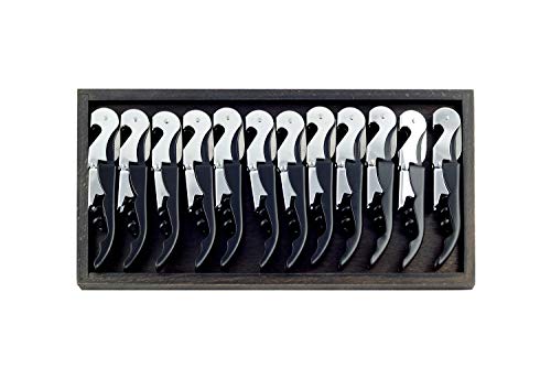 Hostelnovo – 12 uds de sacacorchos profesionales de 2 tiempos + Bandeja de madera color wengue – Acero inoxidable – color negro – ABS longitud 12 cm