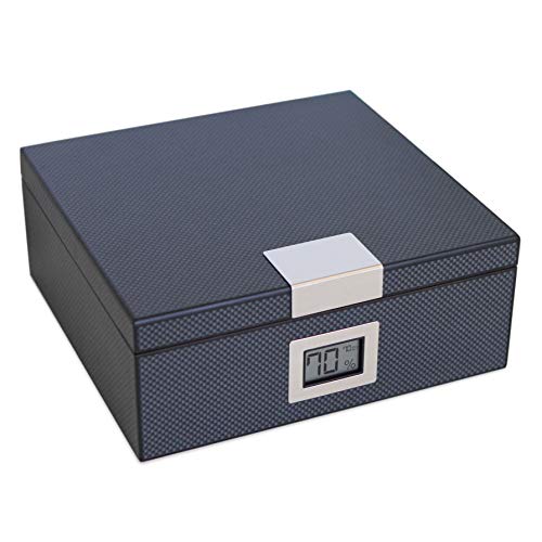 Humidor Moderno de Cedro Hecho a Mano con Diseño de Fibra de Carbono, Higrómetro Digital Frontal y Solución Humidificadora - Capacidad de 25 a 50 cigarros por Case Elegance﻿