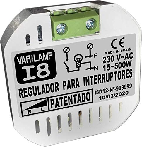 Inter 8. Regulador de luminosidad a INTERRUPTORES para incandescencia y halógenos (PATENTADO). Conexión a 2 hilos. 800W Máx.