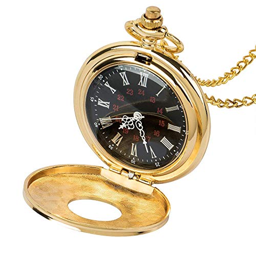 J-Love Reloj de Bolsillo Dorado para Hombre y Mujer, Relojes de Bolsillo mecánicos de Doble Cazador Completo, números Romanos Grabados, Reloj de Bolsillo de Viento de Mano Dorado