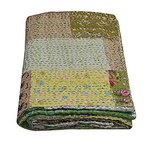 Janki Creation Colcha de algodón verde India hecha a mano Kantha colcha bohemia Queen reversible patchwork manta