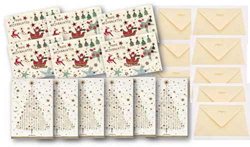 Juego de 2 x 6 tarjetas de Navidad con 12 sobres – relieve de alta calidad: árbol de Navidad dorado y Papá Noel en trineo, cartón natural mate con interior en blanco para saludos navideños Juego de 2 x 6 tarjetas de Navidad con 12 sobres – relieve de alta calidad: árbol de Navidad dorado y Papá Noel en trineo, cartón natural mate con interior en blanco para saludos navideños
