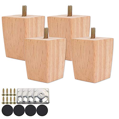 Juego de 4 patas de madera rectas de 6 cm, juego de patas de mesa baja de madera, con tornillo M8 antideslizante y placa de montaje para sofá, cama, silla de noche, armario (color natural, 6 cm)